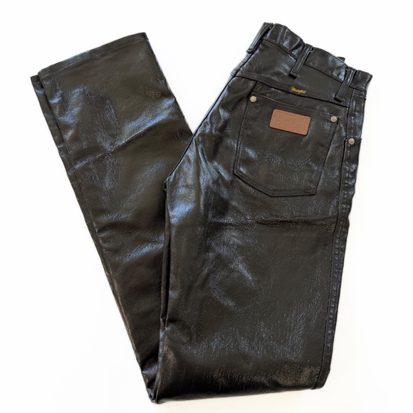 VTG WRANGLER Jeans Womens 27 Black Coated Denim Faux Leather High Rise Vinyl - Picture 6 of 15